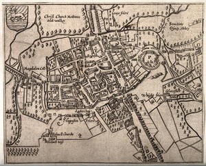 view City of Oxford: plan of the city with important buildings either named or marked. Line engraving.