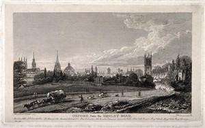 view City of Oxford: from Henley Road with a panoramic view of the colleges and churches. Etching by J. Whessell, 1821, after himself.