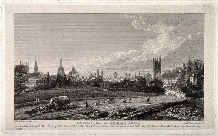 City of Oxford: from Henley Road with a panoramic view of the colleges and churches. Etching by J. Whessell, 1821, after himself.