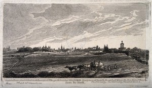 view Oxford: cityscape view from the north. Etching by J. Whessell, 1825, after himself.