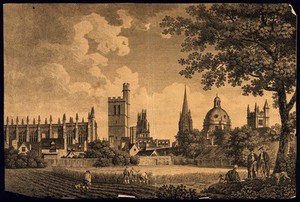 view City of Oxford: cityscape from the meadows, showing All Souls and Oriel Colleges, St. Mary's Church, Radcliffe Camera and the Bodleian Library. Line engraving.