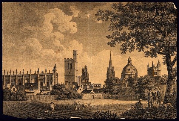 City of Oxford: cityscape from the meadows, showing All Souls and Oriel Colleges, St. Mary's Church, Radcliffe Camera and the Bodleian Library. Line engraving.