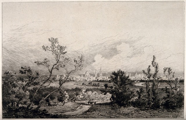 City of Oxford: cityscape view. Etching by H. Toussaint.