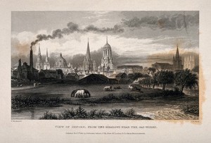 view City of Oxford: from the gas works and meadows. Line engraving by J. Le Keux, 1835, after F. Mackenzie.