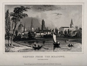 view City of Oxford: from the river and meadows. Line engraving.