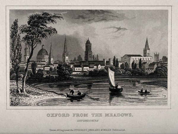 City of Oxford: from the river and meadows. Line engraving.