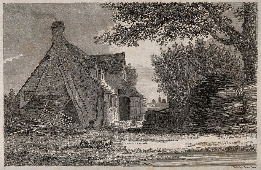 Oxford: distant view of the city from a farmhouse. Etching by Letitia Byrne.