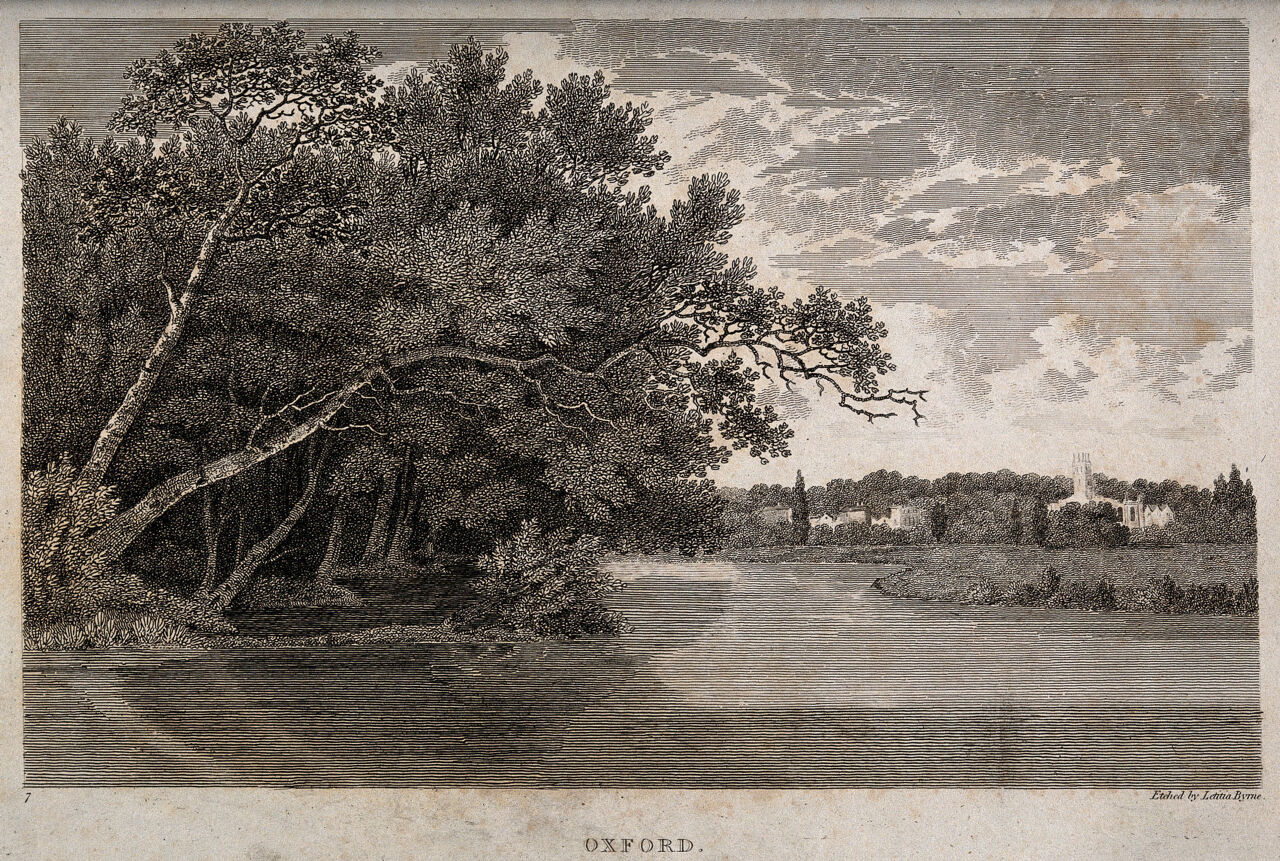 City of Oxford: view from the river. Etching by Letitia Byrne., by Letitia Byrne
