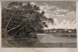 view City of Oxford: view from the river. Etching by Letitia Byrne.