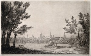 view City of Oxford: distant view from the meadows. Etching by S.W. Reynolds.