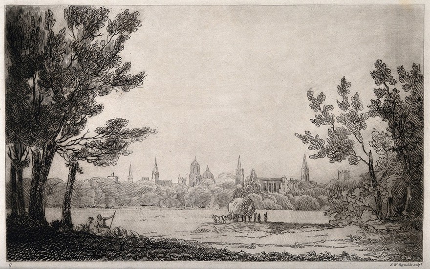 City of Oxford: distant view from the meadows. Etching by S.W. Reynolds.