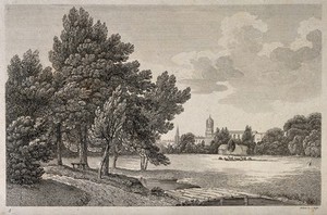 view City of Oxford: a glimpse of the city from the meadows. Etching by J. Roffe.