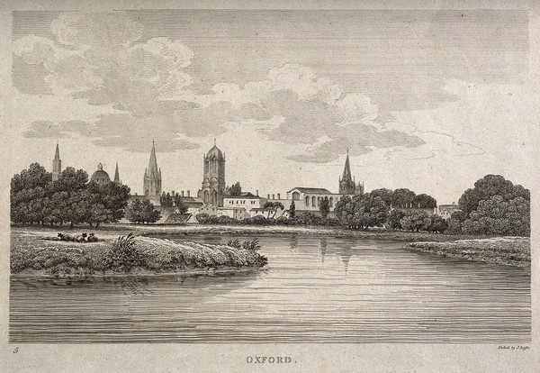 City of Oxford: view from the Cherwell. Etching by J. Roffe.