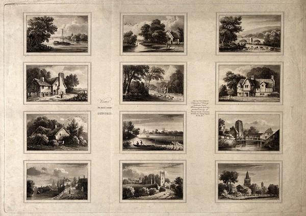 Oxford: twelve views of the city as seen from the surrounding countryside or river. Aquatint.