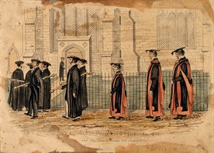 view University of Oxford: the Vice Chancellor of Oxford (1852) and the two former ones walking towards a ceremony. Coloured etching, 1852.