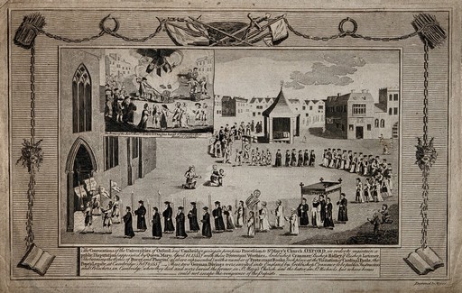 Religious procession to St. Mary's Church, Oxford: convocations of the Universities of Oxford and Cambridge. Line engraving by Myers.