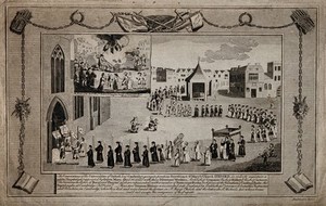 view A procession to St. Mary's Church, Oxford by the convocations of the Universities of Oxford and Cambridge; and the burning of the bones of Protestant theologians in Cambridge. Line engraving by Myers.