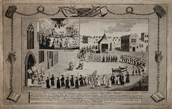 A procession to St. Mary's Church, Oxford by the convocations of the Universities of Oxford and Cambridge; and the burning of the bones of Protestant theologians in Cambridge. Line engraving by Myers.