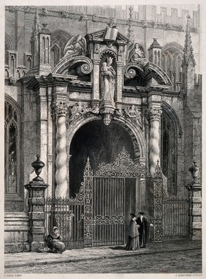 view St. Mary's Church, Oxford: porch showing architectural details. Line engraving by S. Bradshaw after S. Read.