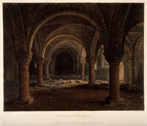 view St. Peter-in-the-East, Oxford: crypt showing bones and skulls. Coloured aquatint by J. Bluck, 1813, after F. Nash.