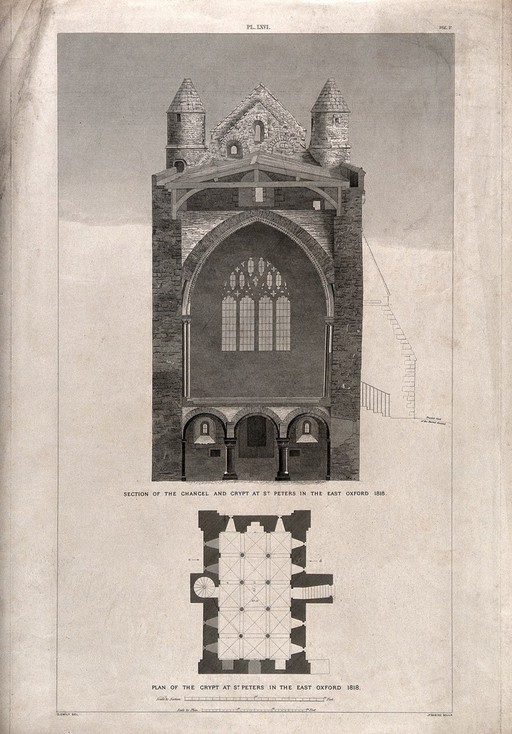 The church of St. Peter-in-the-East, Oxford: section of the chancel and plan of the crypt. Line engraving by J. Basire, 1835, after G. Gwilt, 1818.