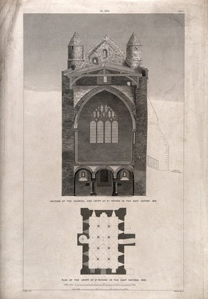 view The church of Saint Peter-in-the-East, Oxford: section of the chancel and plan of the crypt. Line engraving by J. Basire, 1835, after G. Gwilt, 1818.