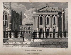 view Senate House, Cambridge. Line engraving by W. Read, 1825.