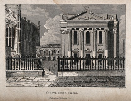 Senate House, Cambridge. Line engraving by W. Read, 1825.