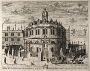 view Sheldonian Theatre, Oxford: perspective view with the Bodleian Library. Line engraving by D. Loggan, after Sir C. Wren.