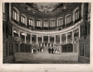 view Sheldonian Theatre, Oxford: panoramic view of interior. Line engraving by J. Skelton, 1820, after J. Buckler, 1815.