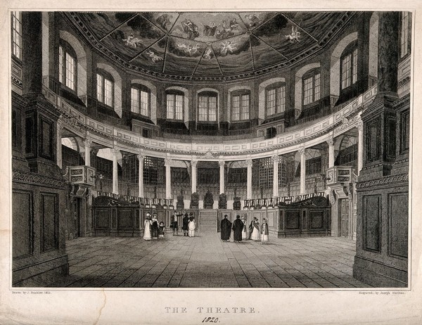 Sheldonian Theatre, Oxford: panoramic view of interior. Line engraving by J. Skelton, 1820, after J. Buckler, 1815.