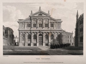 view Sheldonian Theatre, Oxford: courtyard at the back. Line engraving by J. Le Keux, 1837, after F. Mackenzie.