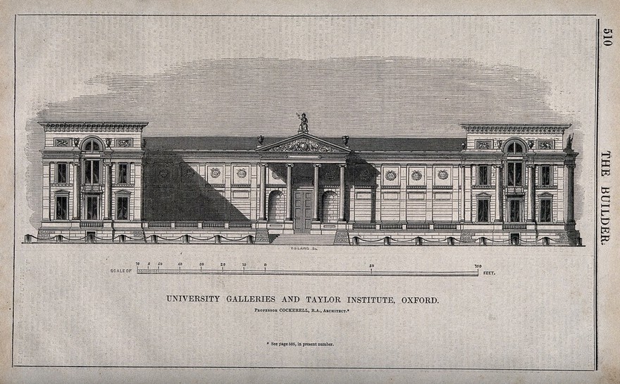 Ashmolean Museum and Taylorian Institute, Oxford: panoramic view. Wood engraving by C.D. Laing after C.R. Cockerell.