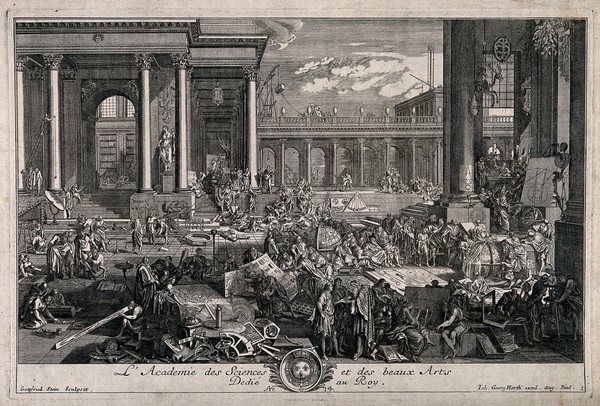 The Académie des Sciences et des Beaux Arts, Paris: showing a variety of subjects studied there. Line engraving by G. Herth after G. Stein.