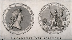 view The Académie des Sciences, Paris: two medals. Line engraving.