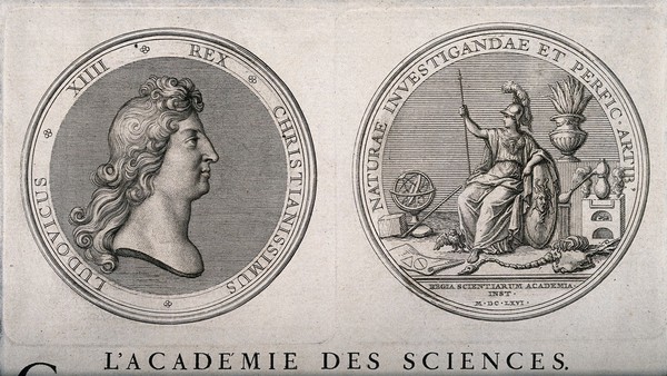 The Académie des Sciences, Paris: two medals. Line engraving.