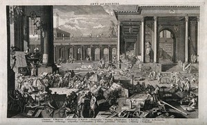 view The Académie des Sciences et des Beaux Arts, Paris: showing various methods of study and teaching with a lettered key. Line engraving.