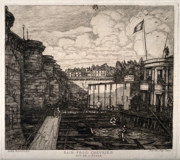 Bain-Froid Chevrier, Paris: the baths (left) and the bath house (right). Etching by Ch. Meryon, 1864.
