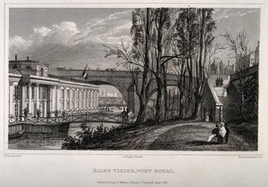 view Bains Vigier, Pont Royal, Paris: the bathing house. Engraving by Fenner Sears & Co., 1837, after B. Ferrey.