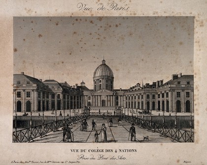 Collège des Quatre Nations, Paris: panoramic view of part of the Institut de France. Line engraving.