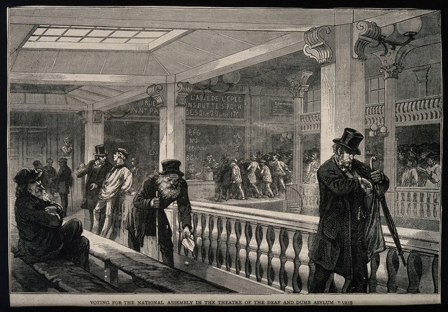 The Institut National des Sourds-Muets, Paris: interior showing voters for the National Assembly. Wood engraving, 1871.