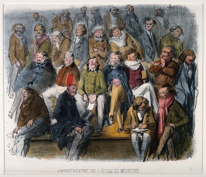 School of Medicine, Paris: interior view showing doctors attending a lecture in the amphitheatre. Coloured lithograph by G. Doré.