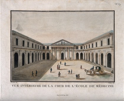 School of Medicine, Paris: the interior court. Coloured etching by J.B. Chapuy, 1808, after H. Toussaint.