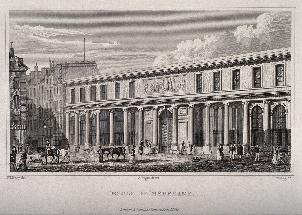 School of Medicine, Paris. Line engraving by Starling, 1829, after T.T. Bury., 1 June 1829, by Thomas Talbot Bury