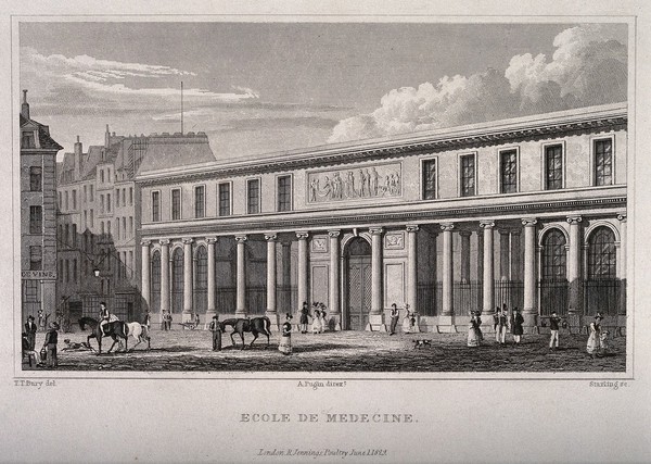 School of Medicine, Paris. Line engraving by Starling, 1829, after T.T. Bury.