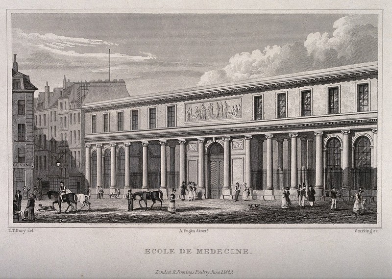 School of Medicine, Paris. Line engraving by Starling, 1829, after T.T. Bury., 1 June 1829, by Thomas Talbot Bury