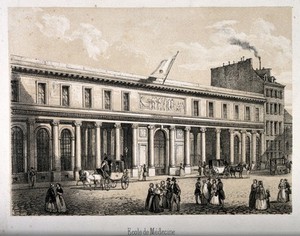 view School of Medicine, Paris. Tinted lithograph.