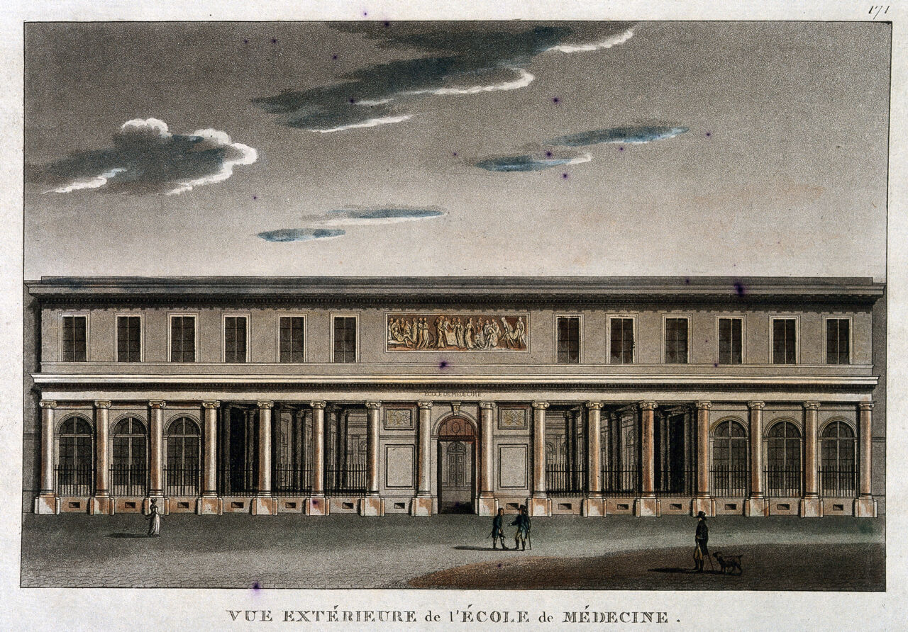 School of Medicine, Paris. Coloured aquatint., by Jacques Gondouin