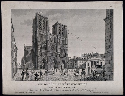 Église Métropolitaine and the Hôtel Dieu, Paris: panoramic view. Etching.