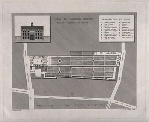 view Beaujon Hospital, Paris: facade, floor plan and key. Line engraving by J.E. Thierry after Bessat, 1808.